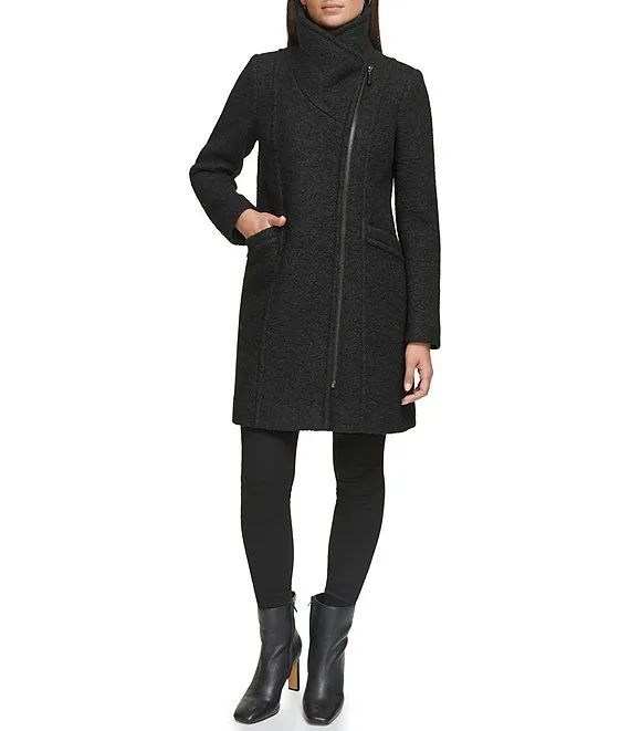 Kenneth Cole Asymmetric Zip Front Boucle Wool Coat - Black