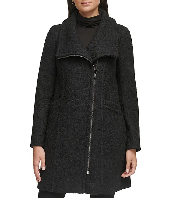 Kenneth Cole Asymmetric Zip Front Boucle Wool Coat - Black