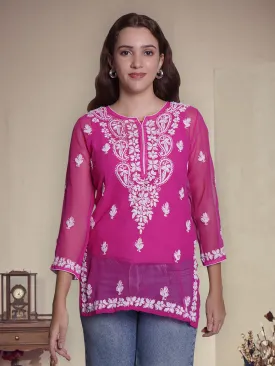 Magenta Georgette Chikankari Short Tunic With Slip