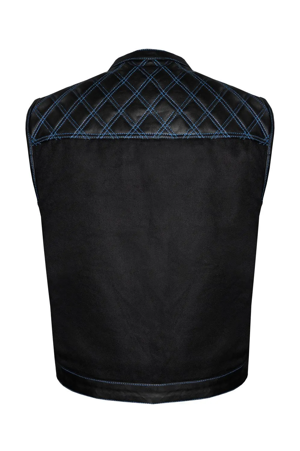 Mens Black Club Vest Diamond Design Blue Thread Leather & Denim