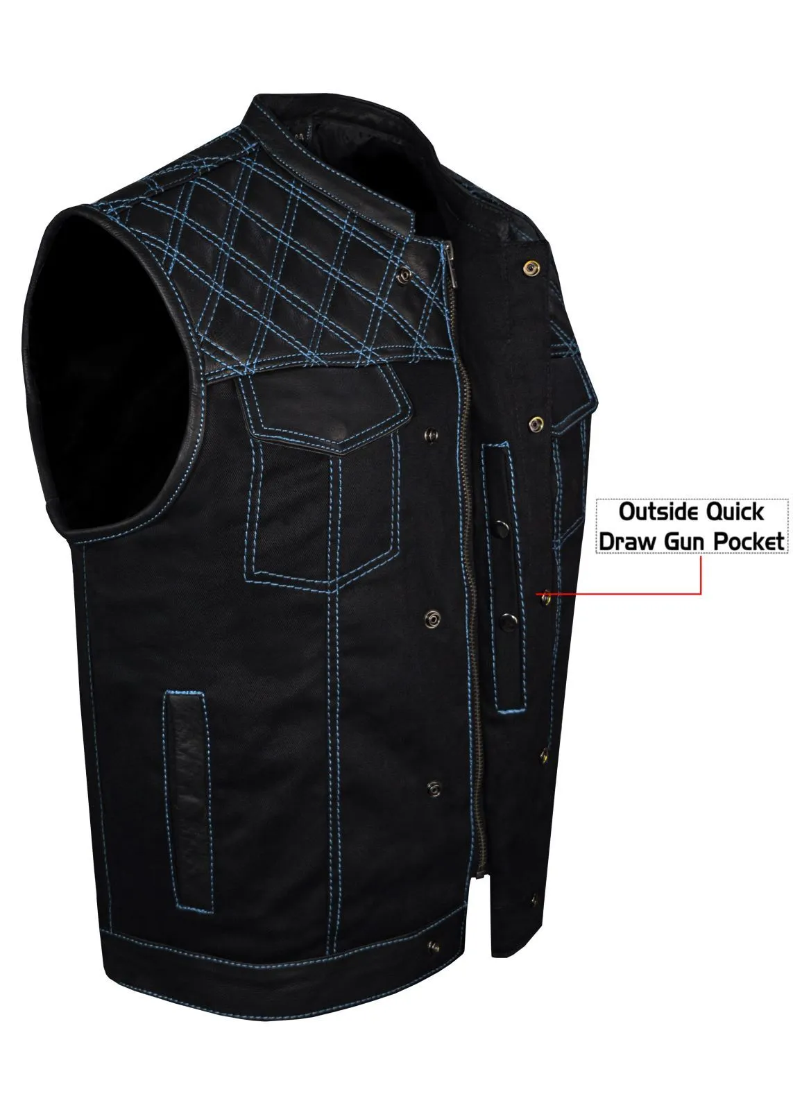 Mens Black Club Vest Diamond Design Blue Thread Leather & Denim