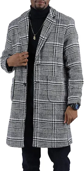 Men's Wool Blend Plaid Notched Long Trench Pea Coat