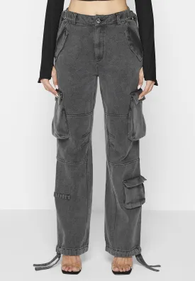 Mid Rise Cargo Pants - Washed Grey