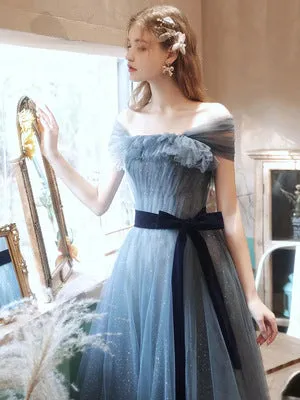 Off Shoulder Blue Tulle Prom Dress A Line Long Formal Evening Party Gown 637