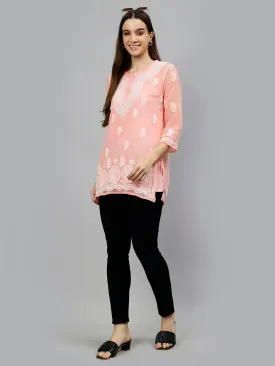 Peach Georgette Embroidered Chikankari Short Tunic with Slip