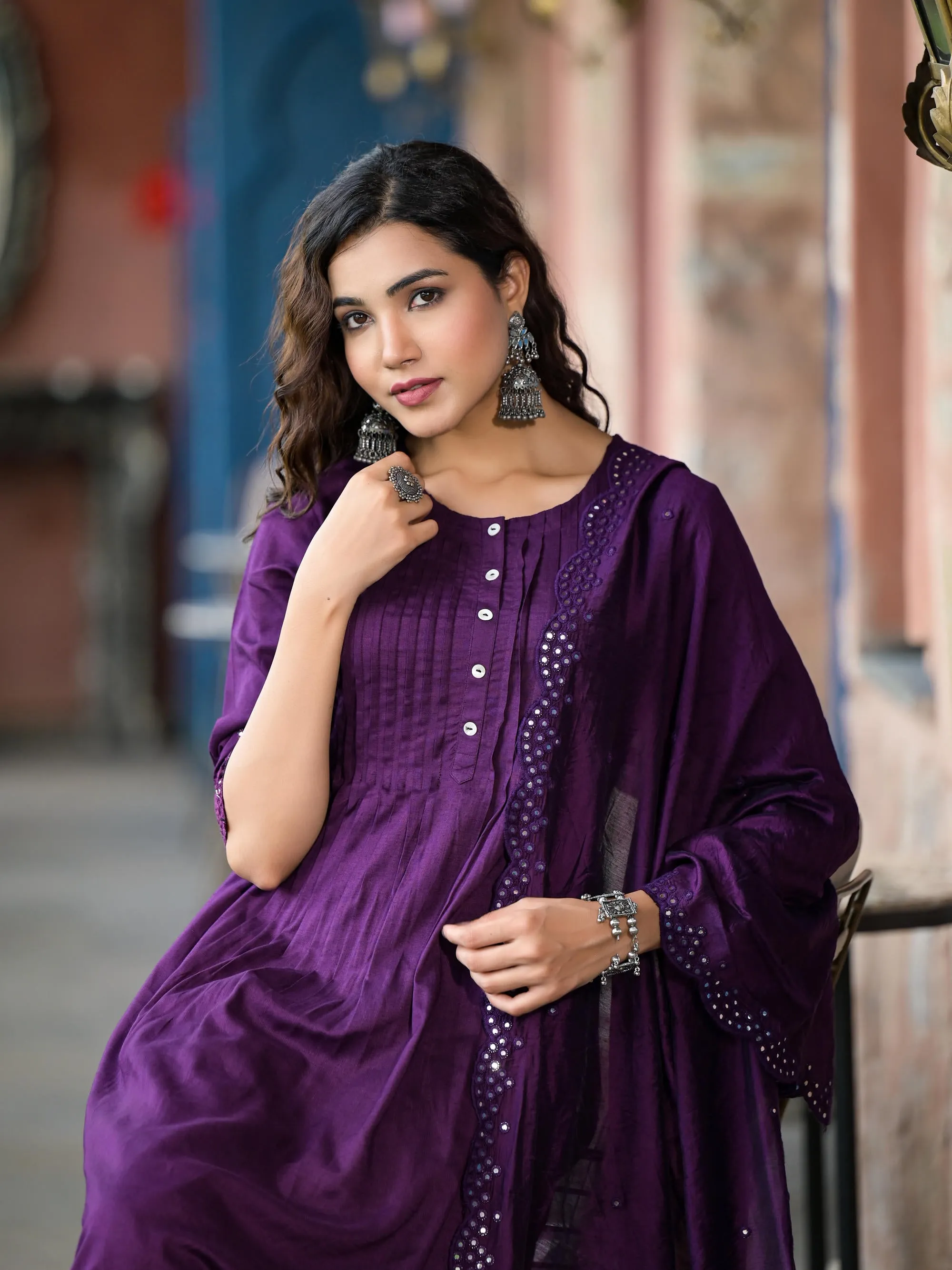 Plum Thread Embroidered Liva Rayon Kurta Set With Buttons & Mirror Work