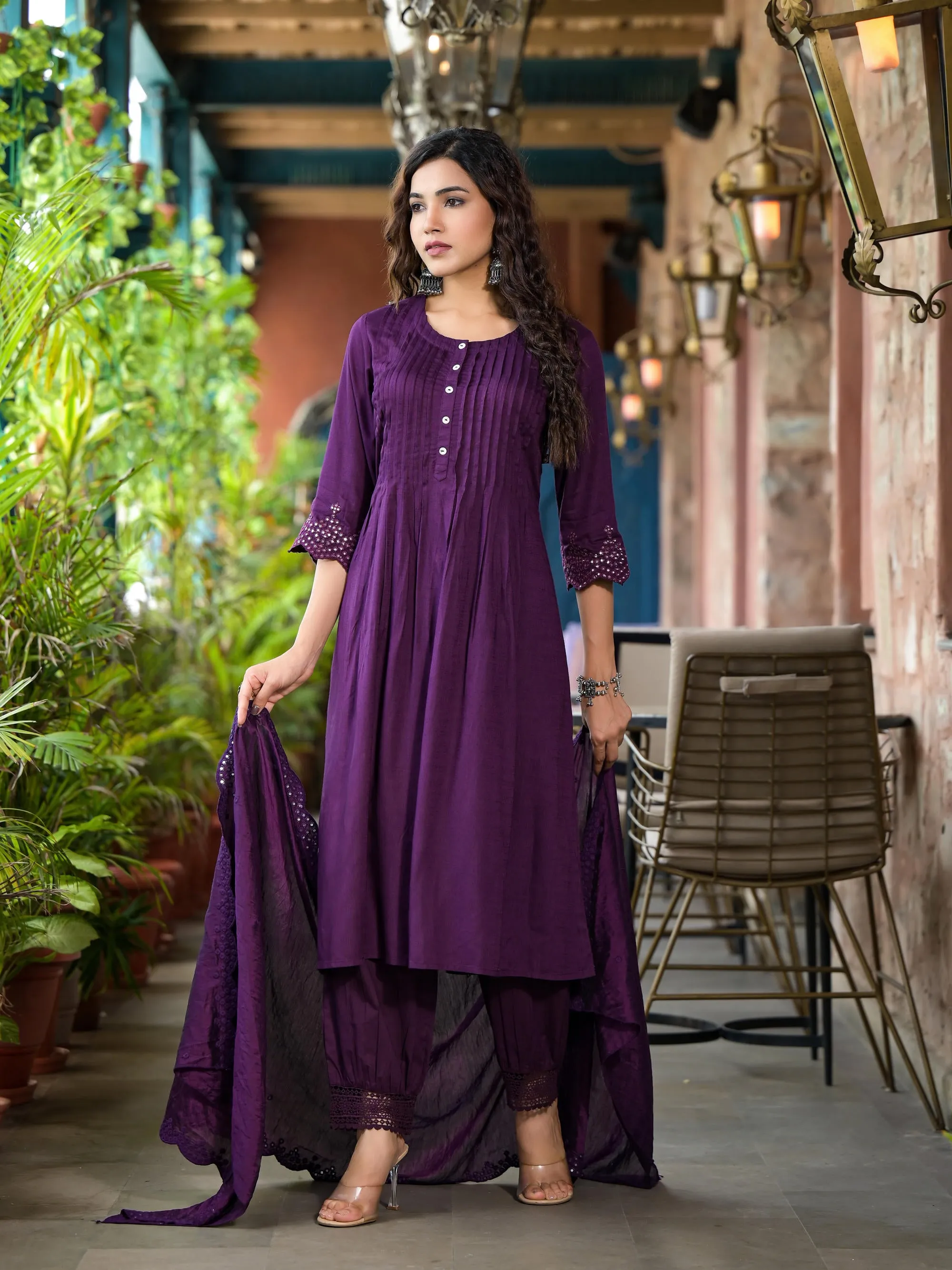 Plum Thread Embroidered Liva Rayon Kurta Set With Buttons & Mirror Work