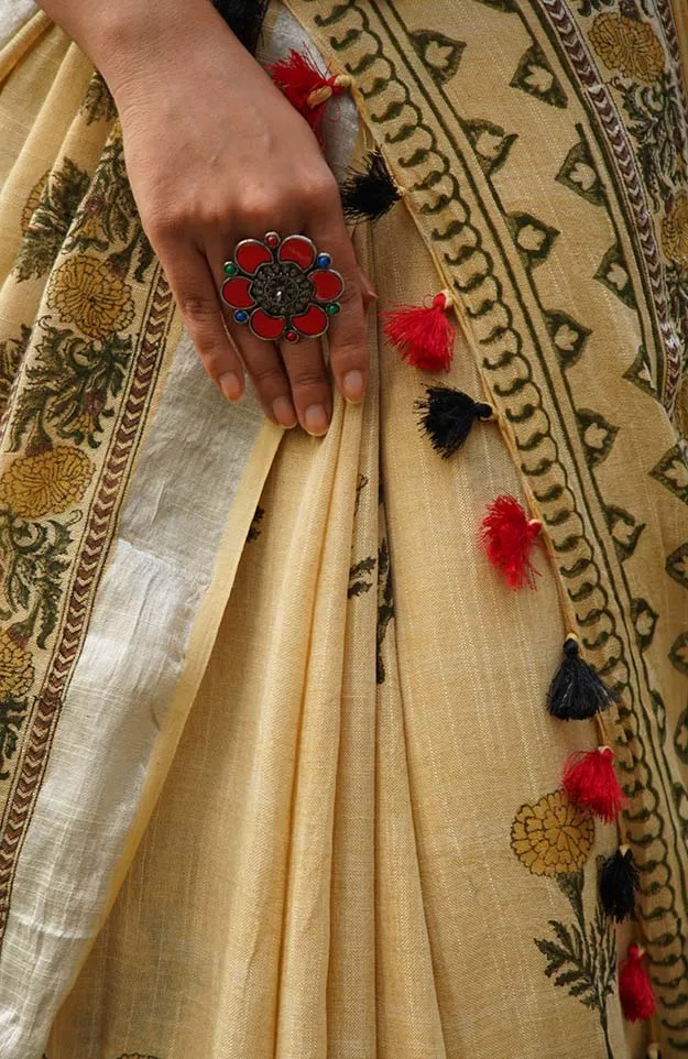 Ready To Wear Beige Soft Linen Cotton With Floral Printed& Tassels on Pallu  Wrap in 1 minute saree