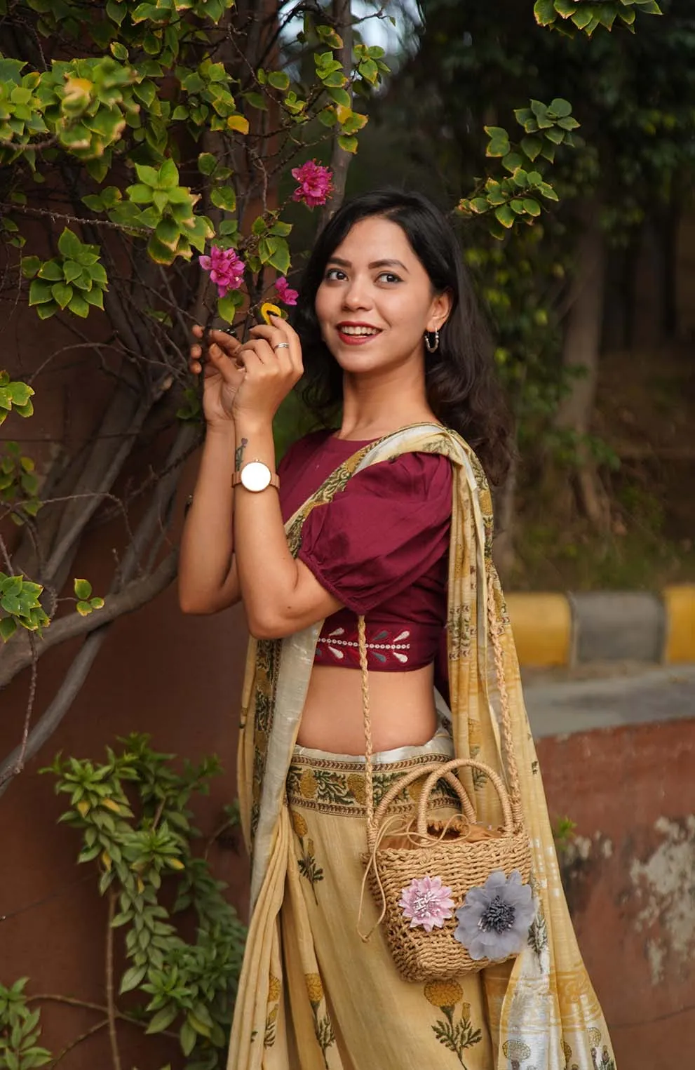 Ready To Wear Beige Soft Linen Cotton With Floral Printed& Tassels on Pallu  Wrap in 1 minute saree