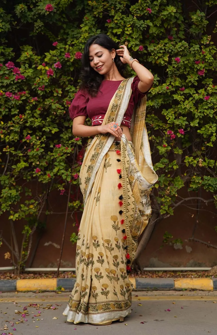 Ready To Wear Beige Soft Linen Cotton With Floral Printed& Tassels on Pallu  Wrap in 1 minute saree