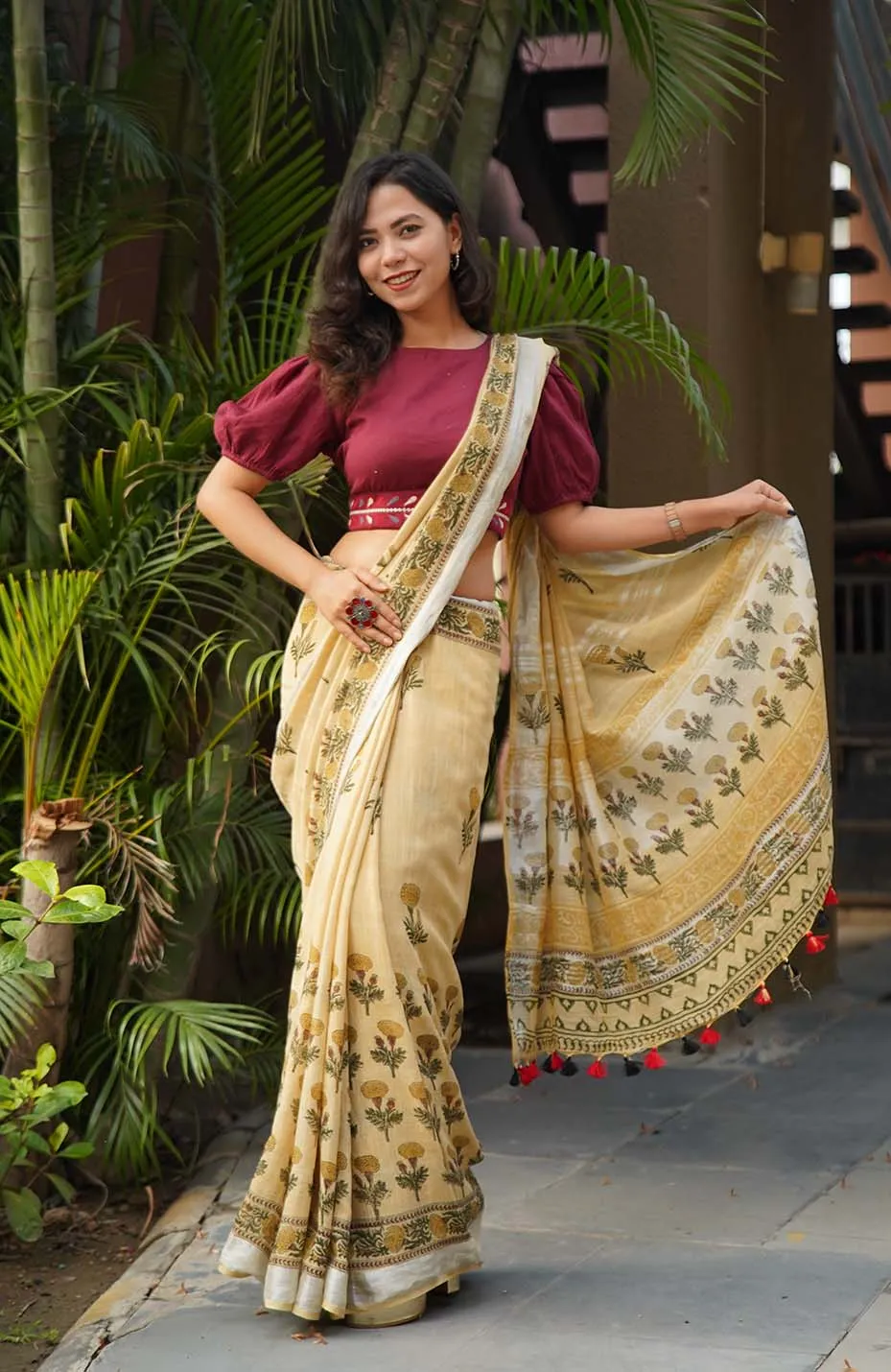 Ready To Wear Beige Soft Linen Cotton With Floral Printed& Tassels on Pallu  Wrap in 1 minute saree