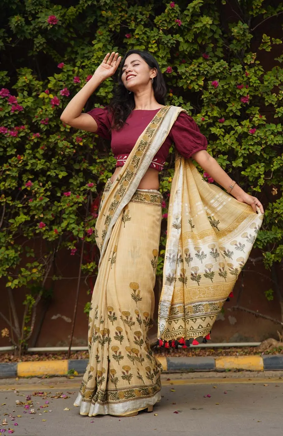 Ready To Wear Beige Soft Linen Cotton With Floral Printed& Tassels on Pallu  Wrap in 1 minute saree