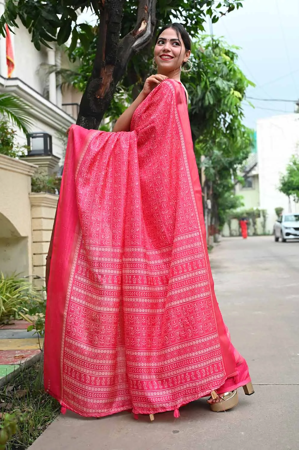 Ready to wear Dola Silk Over All Bastar Art  Printed With sequence Border Wrap in 1 minute Saree