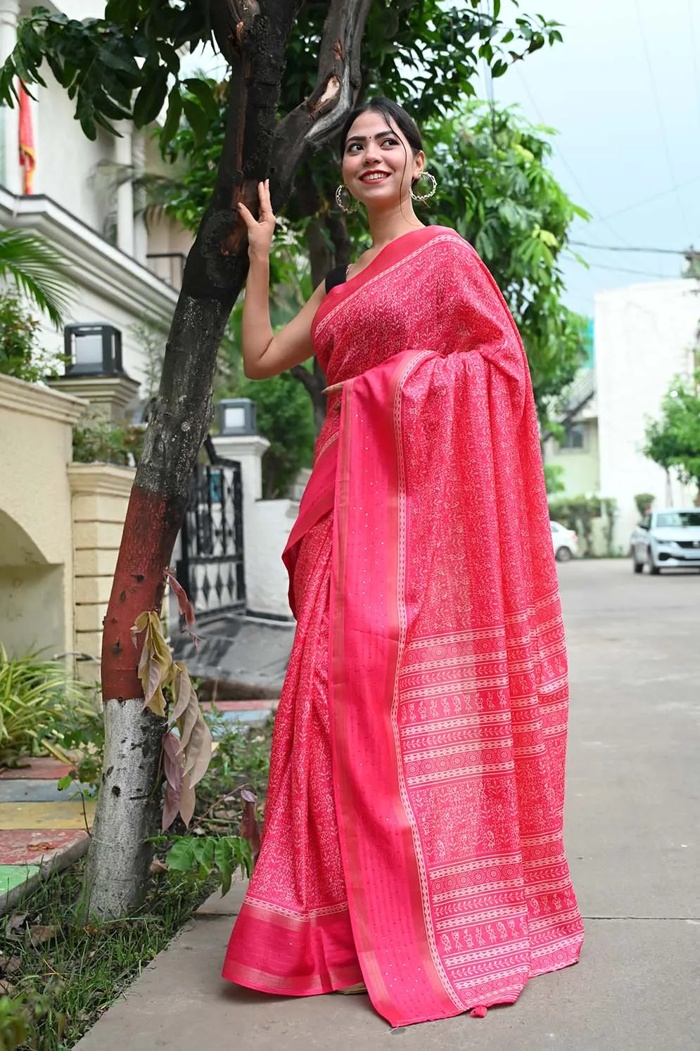 Ready to wear Dola Silk Over All Bastar Art  Printed With sequence Border Wrap in 1 minute Saree