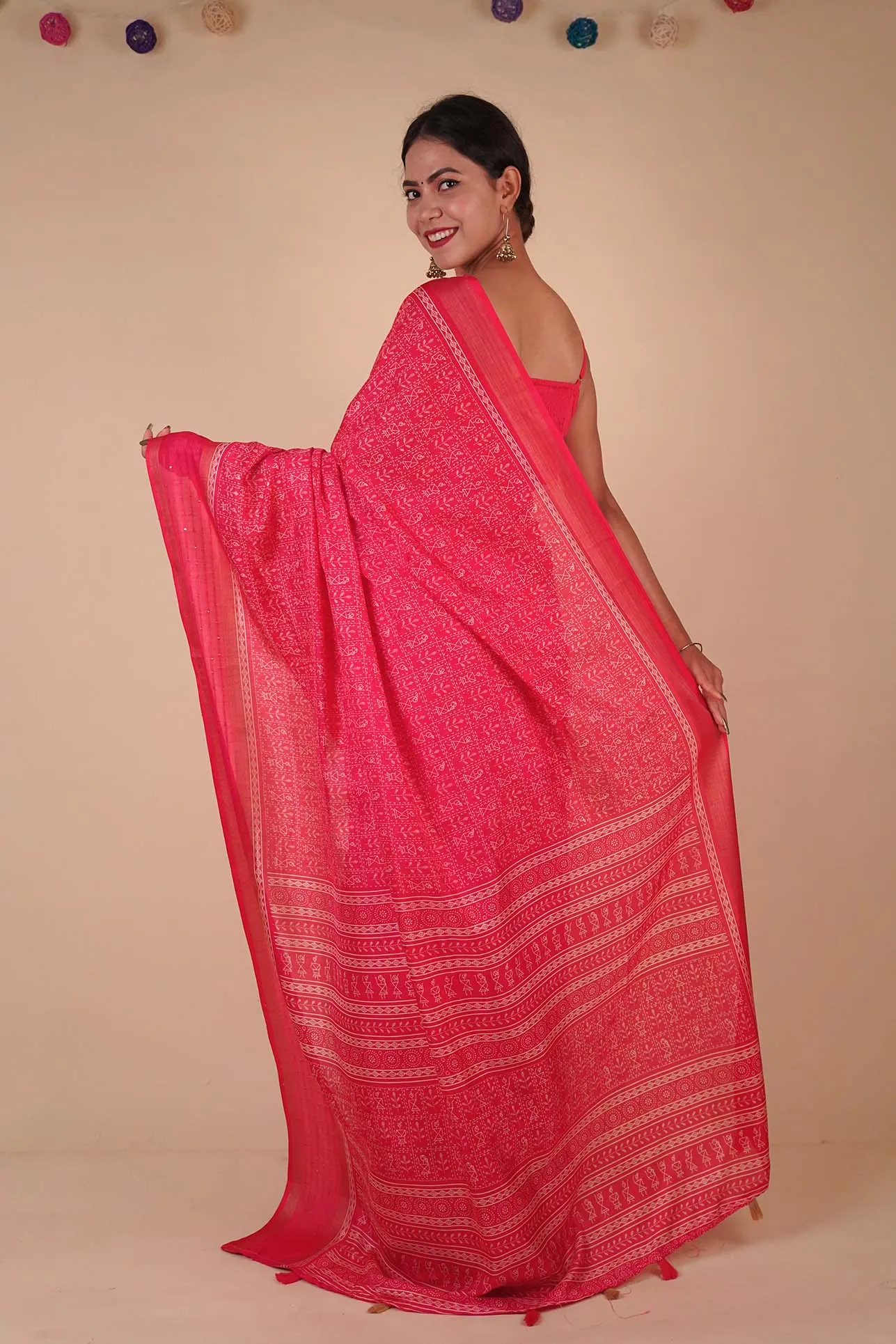 Ready to wear Dola Silk Over All Bastar Art  Printed With sequence Border Wrap in 1 minute Saree