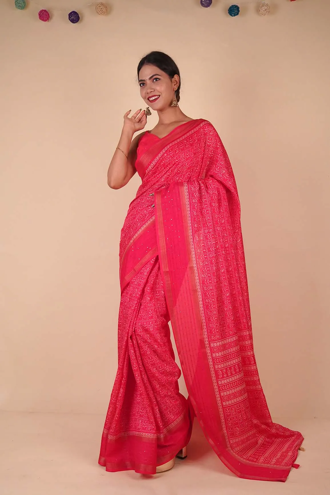 Ready to wear Dola Silk Over All Bastar Art  Printed With sequence Border Wrap in 1 minute Saree