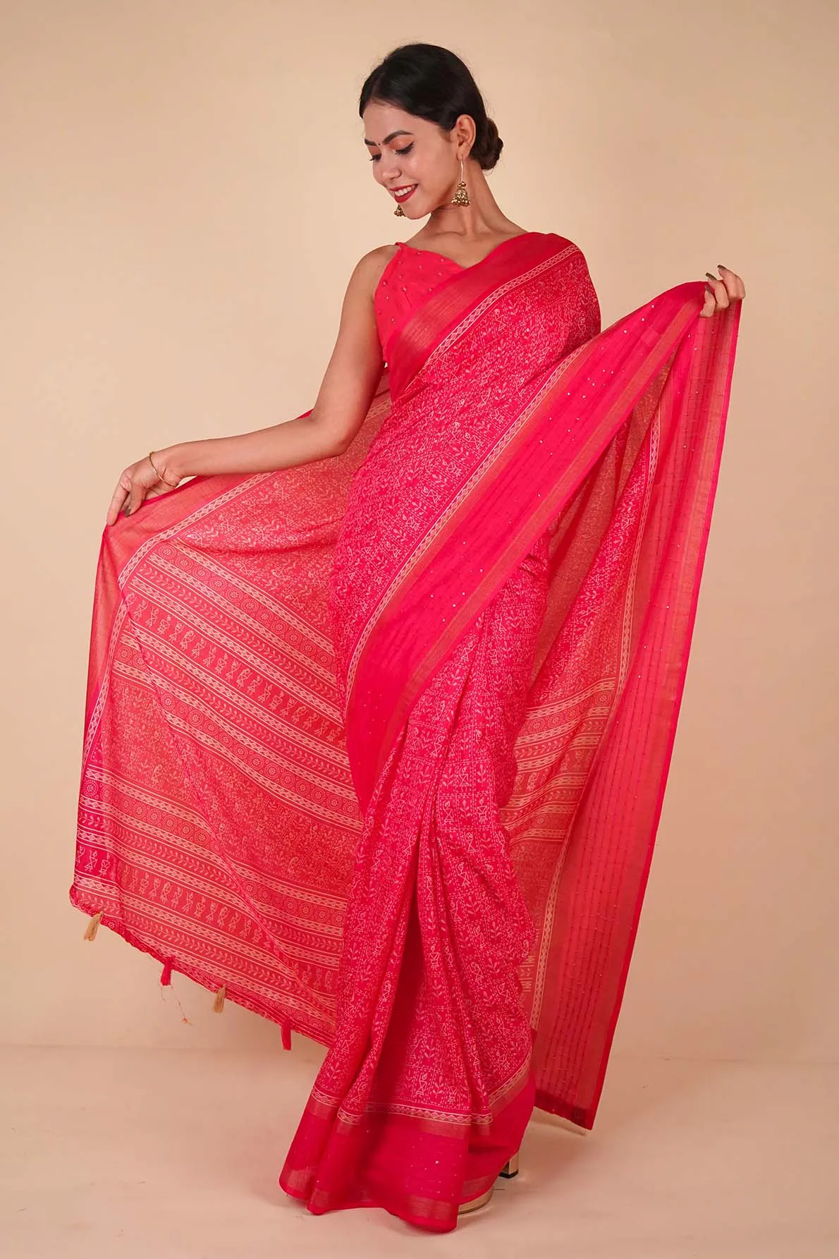 Ready to wear Dola Silk Over All Bastar Art  Printed With sequence Border Wrap in 1 minute Saree