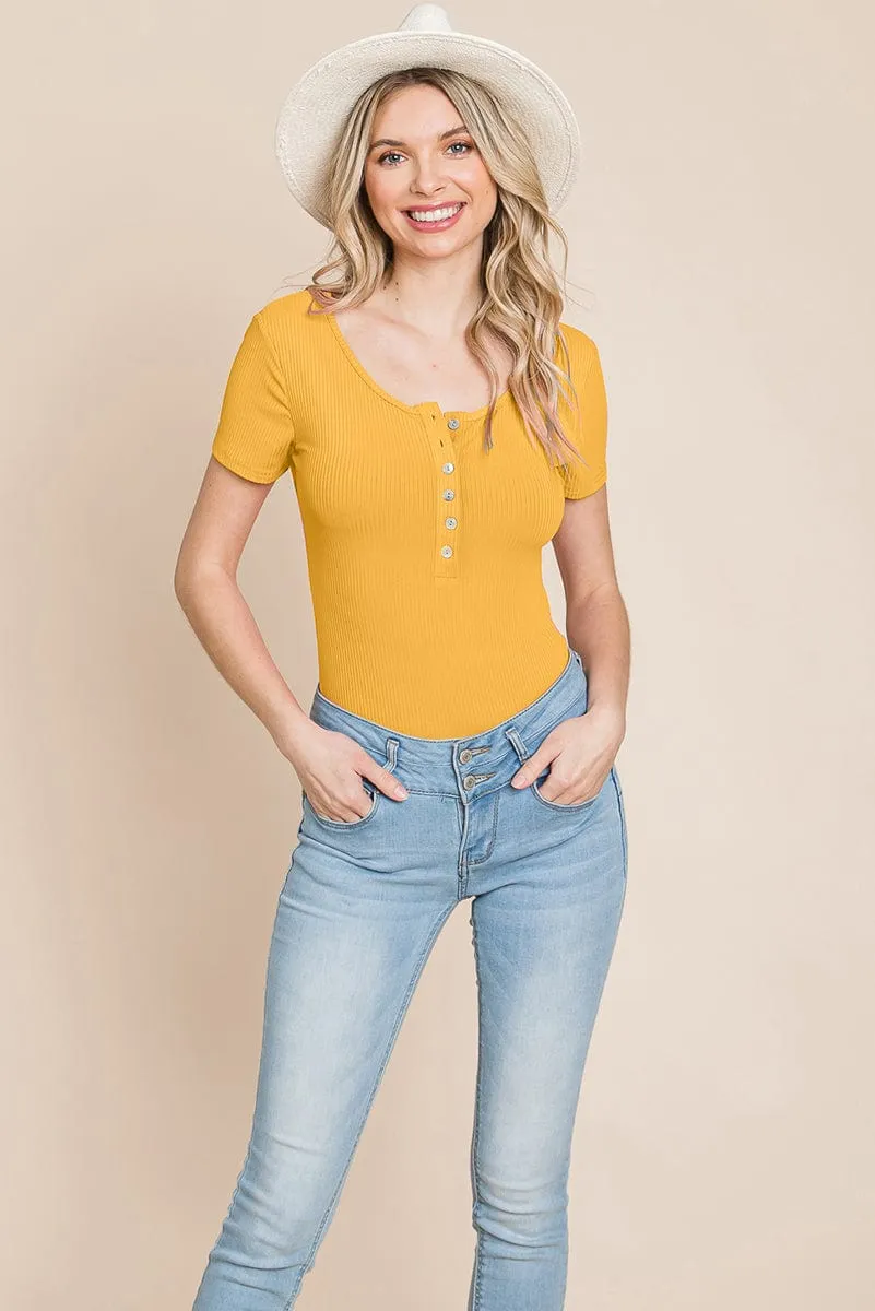 Short Sleeve Scoop Neck Ribbed Henley Bodysuit