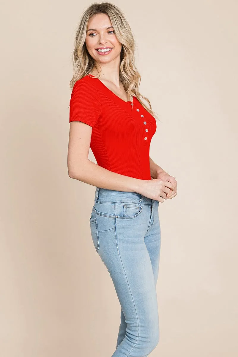 Short Sleeve Scoop Neck Ribbed Henley Bodysuit