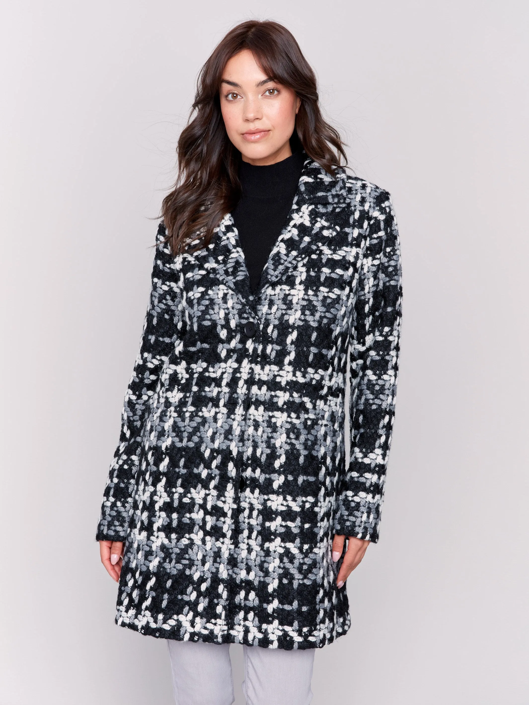 Straight Cut Bouclé Knit Coat - Black & White