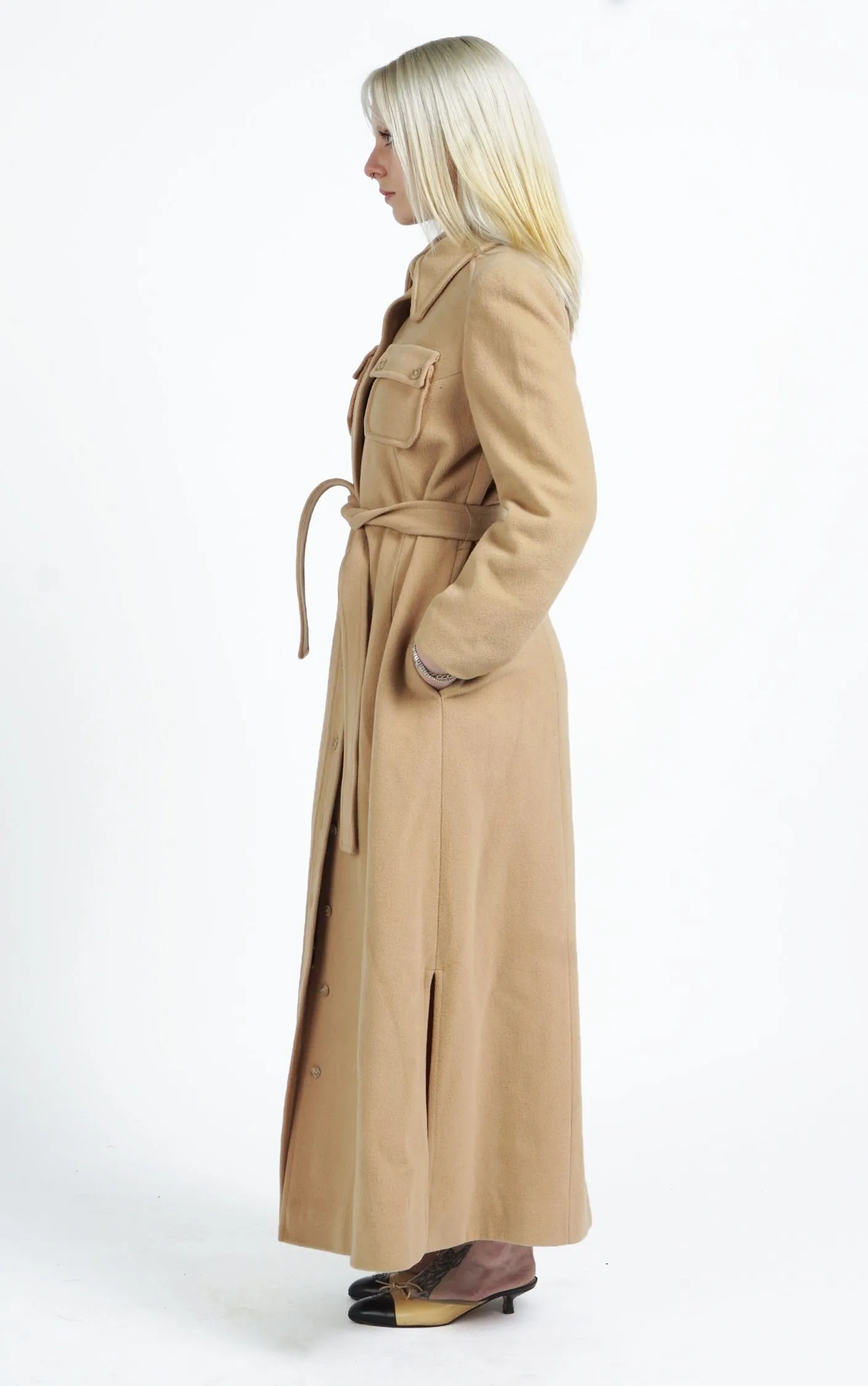 VINTAGE 80s Camel Wool Belted Classic Tailored Long Coat