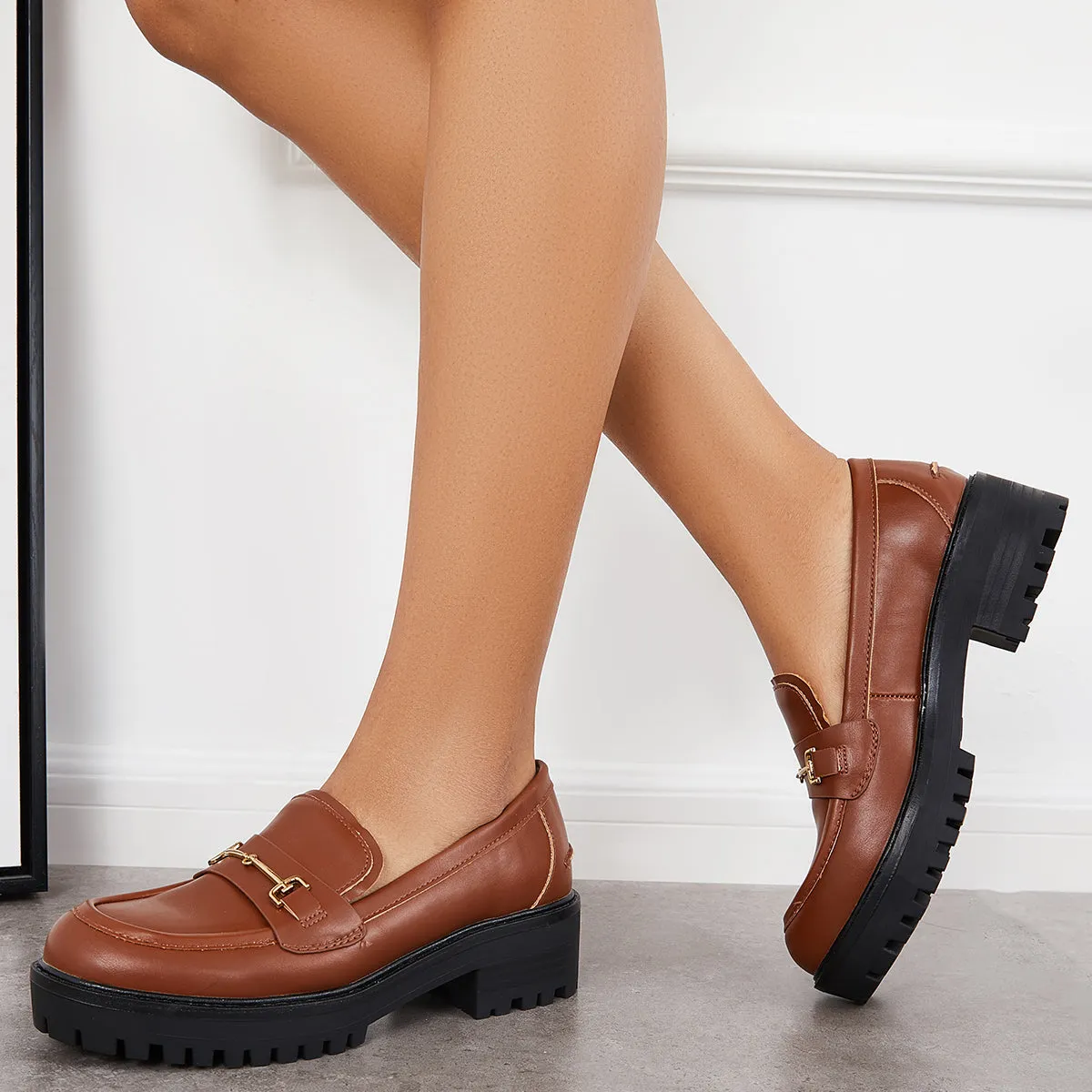 Women Comfy Round Toe Platform Loafers