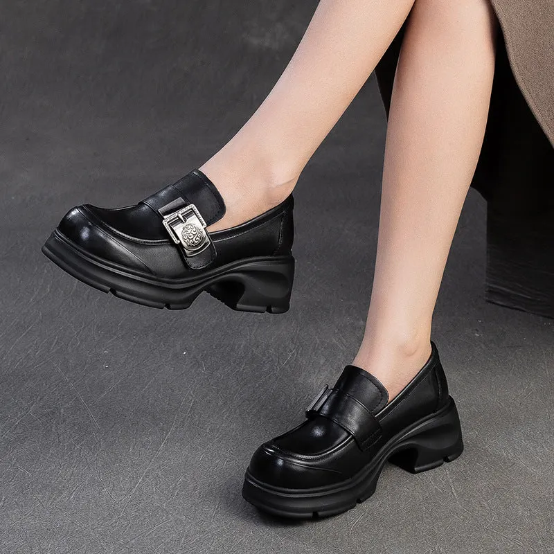 Women Retro Buckle Leather Chunky Heel Loafers