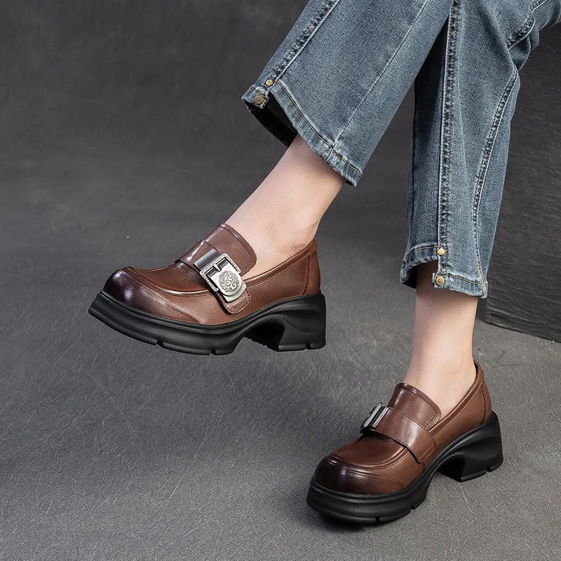 Women Retro Buckle Leather Chunky Heel Loafers