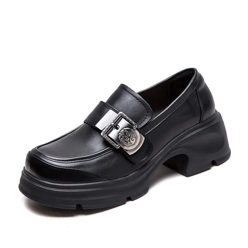 Women Retro Buckle Leather Chunky Heel Loafers