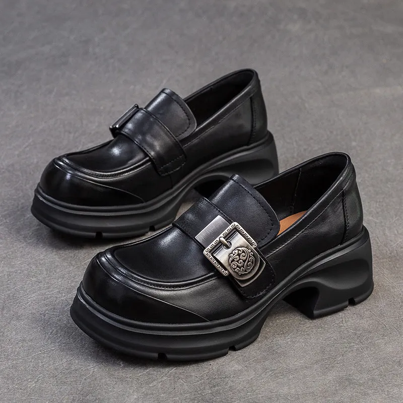 Women Retro Buckle Leather Chunky Heel Loafers