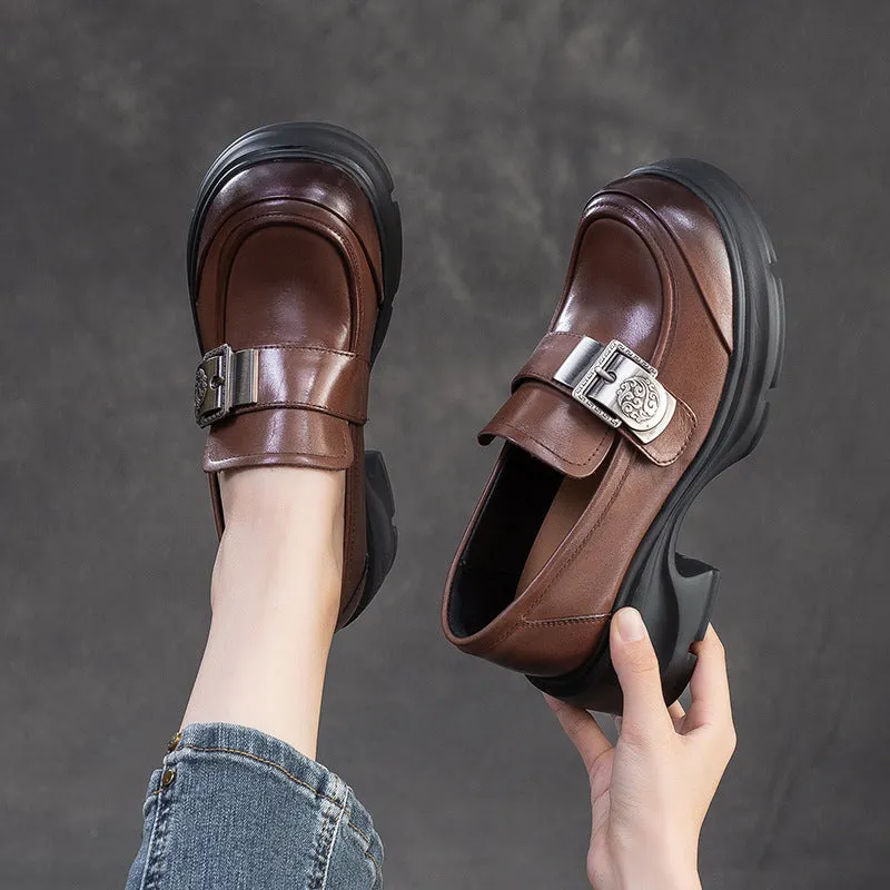 Women Retro Buckle Leather Chunky Heel Loafers