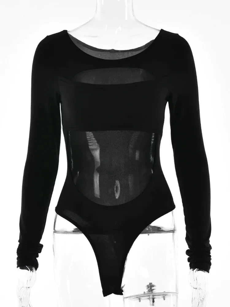 Women Round Neck Skinny See Through  Long Sleeve Bodysuits