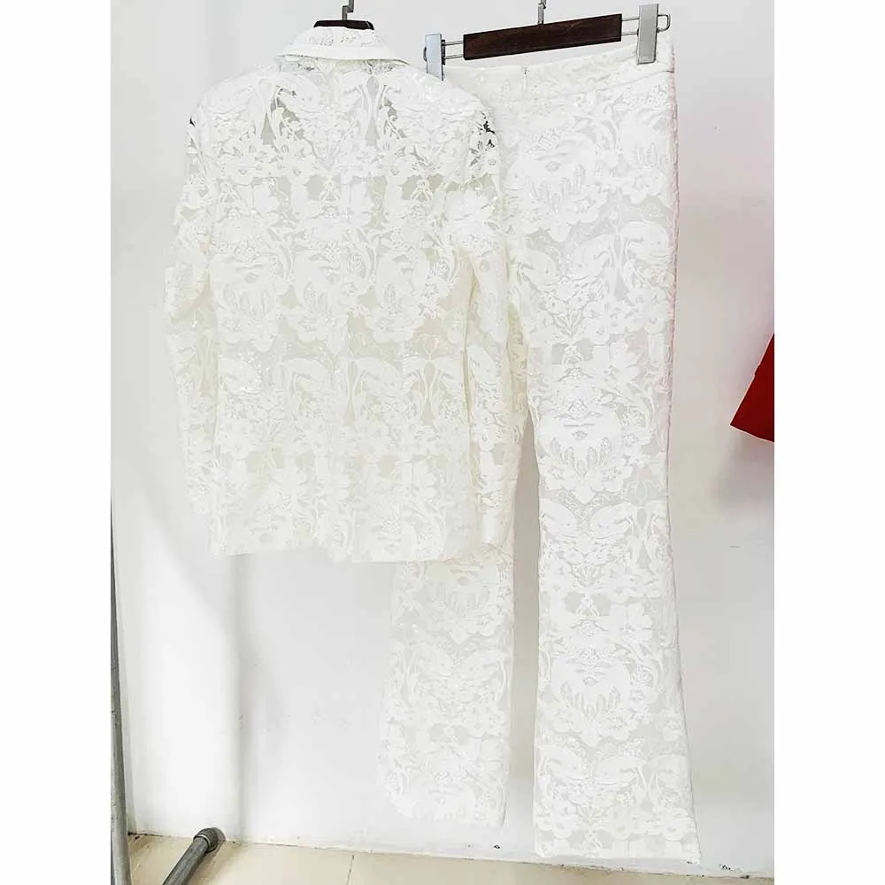 Women Sequined Wedding Suit Lace Blazer   Trousers Two Pieces Set Event Suit