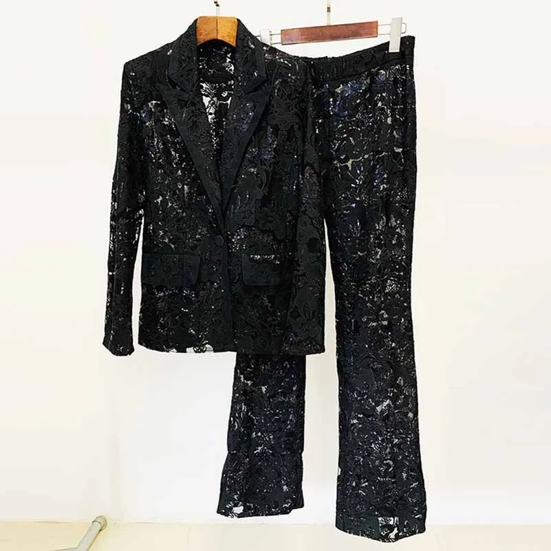 Women Sequined Wedding Suit Lace Blazer   Trousers Two Pieces Set Event Suit