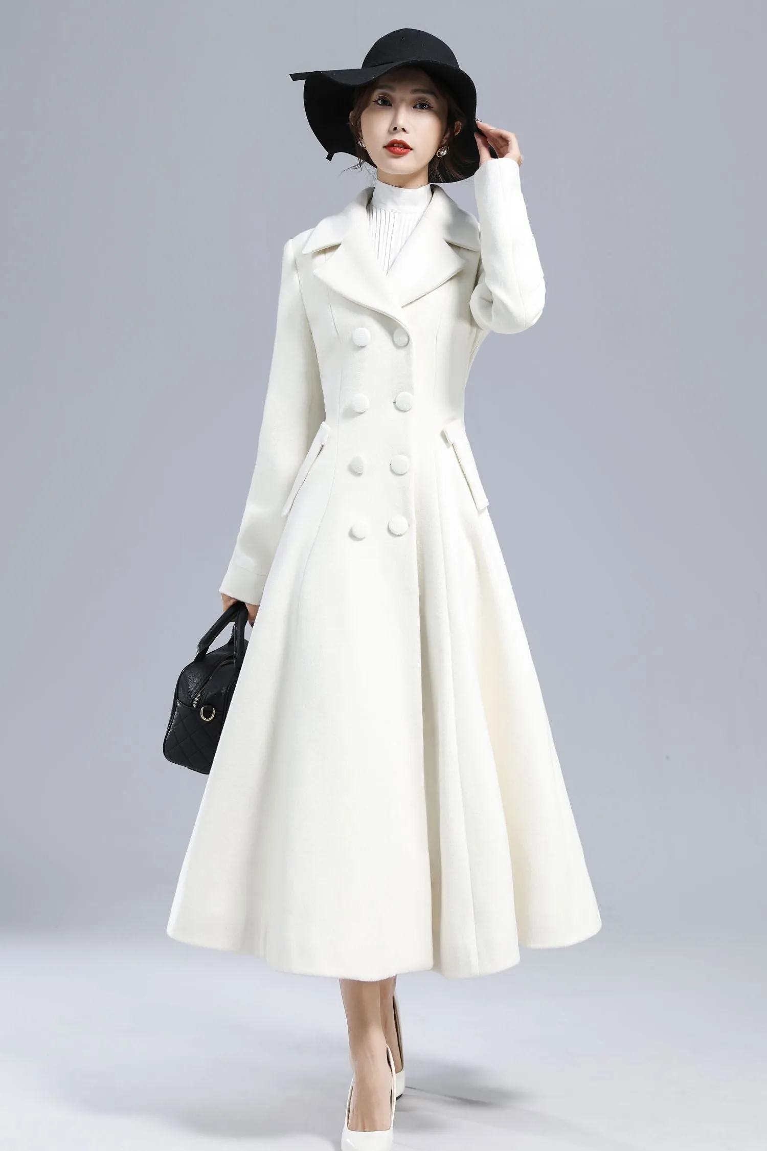 Women's White Double-Breasted Long Wool princess Coat – Elegant Winter Outerwear 3235