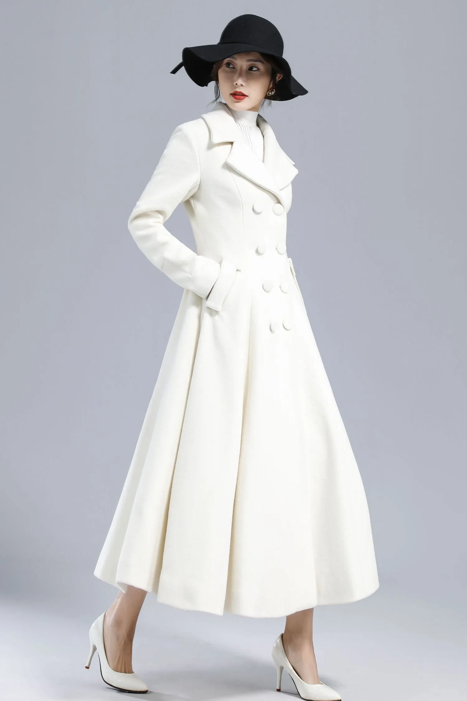 Women's White Double-Breasted Long Wool princess Coat – Elegant Winter Outerwear 3235