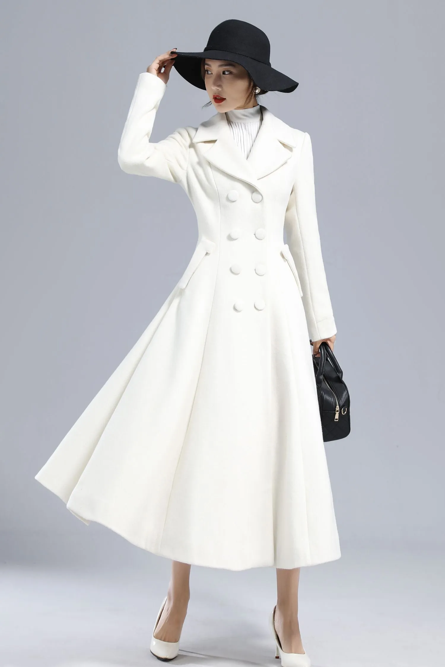 Women's White Double-Breasted Long Wool princess Coat – Elegant Winter Outerwear 3235