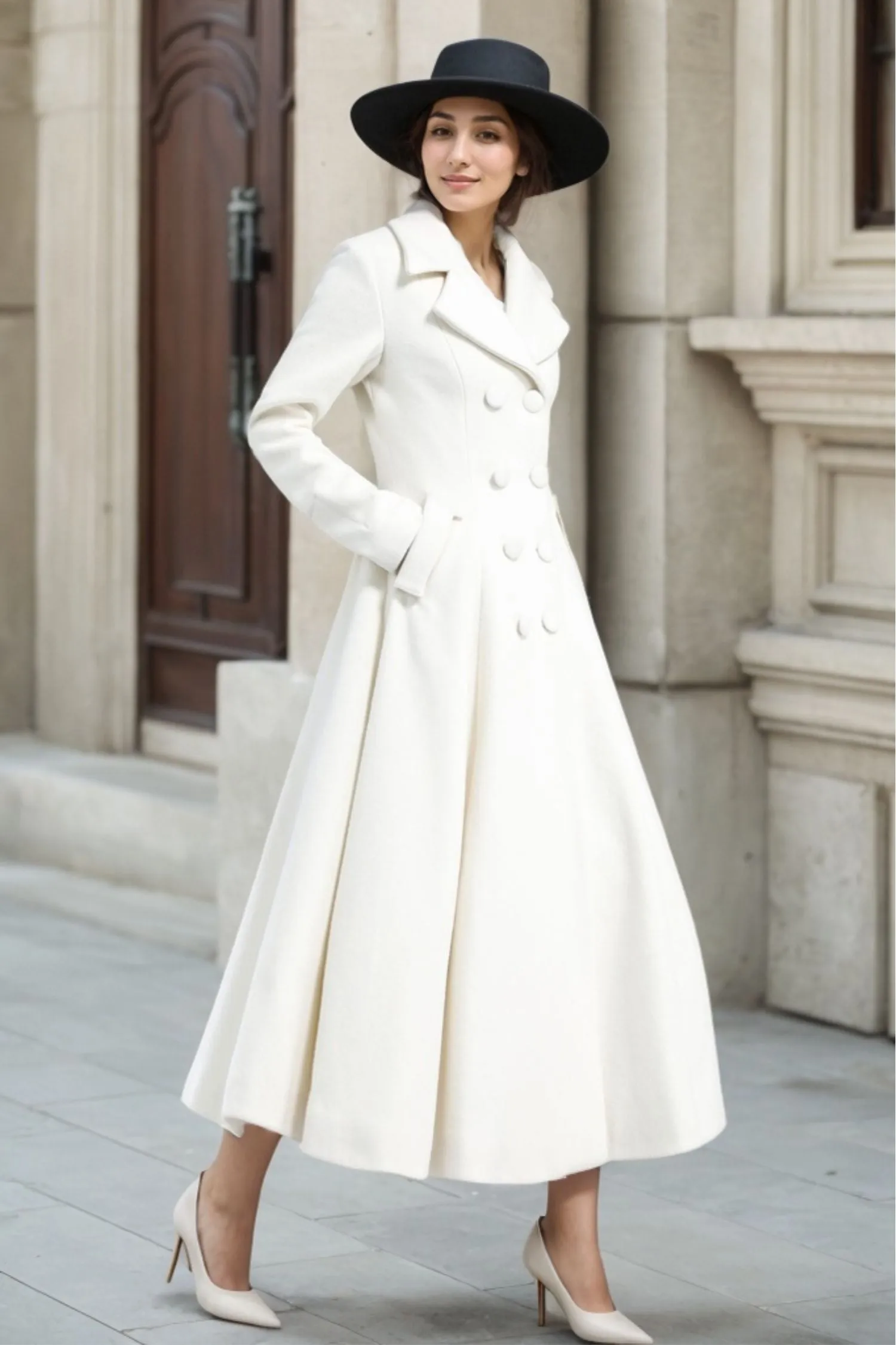 Women's White Double-Breasted Long Wool princess Coat – Elegant Winter Outerwear 3235