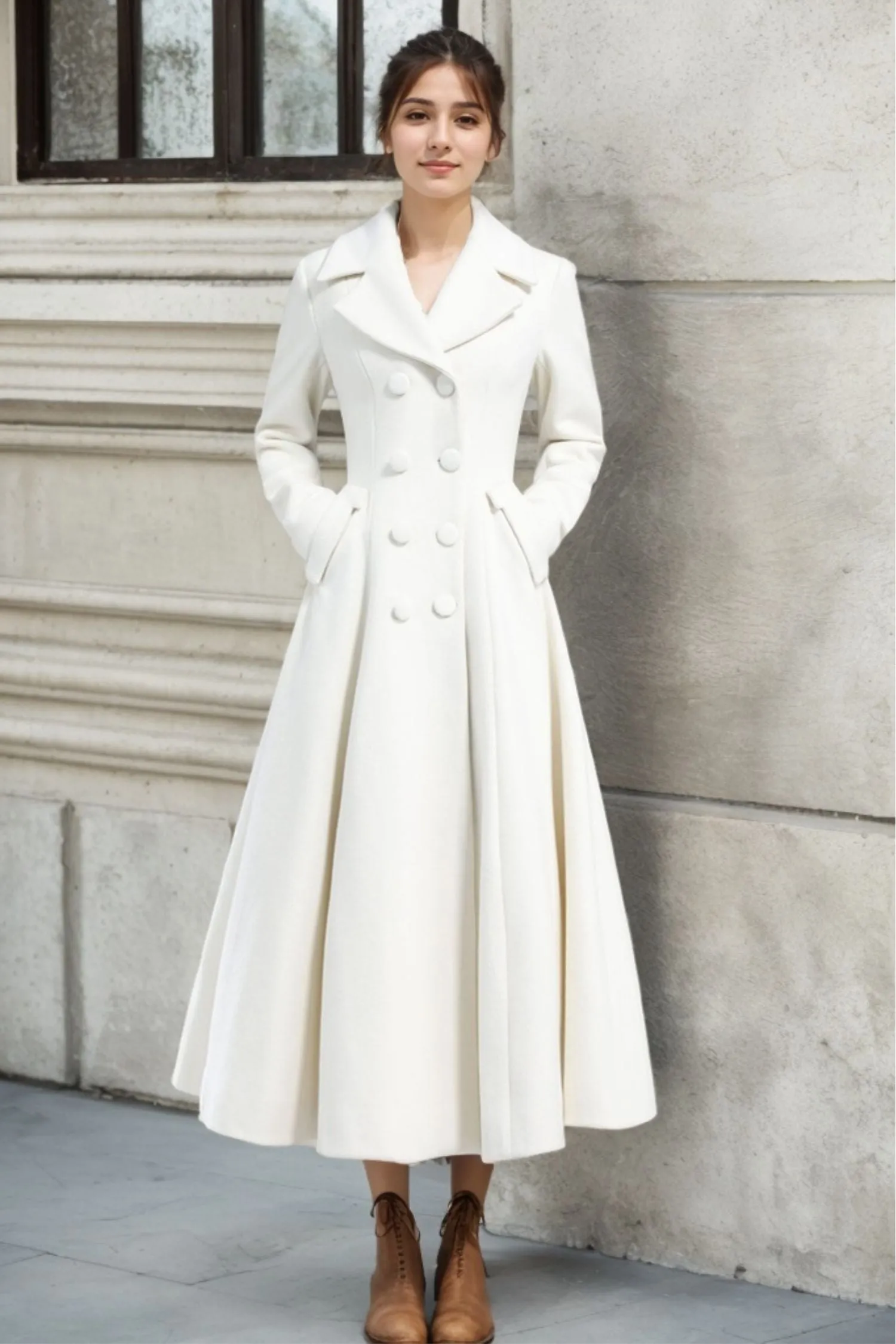 Women's White Double-Breasted Long Wool princess Coat – Elegant Winter Outerwear 3235