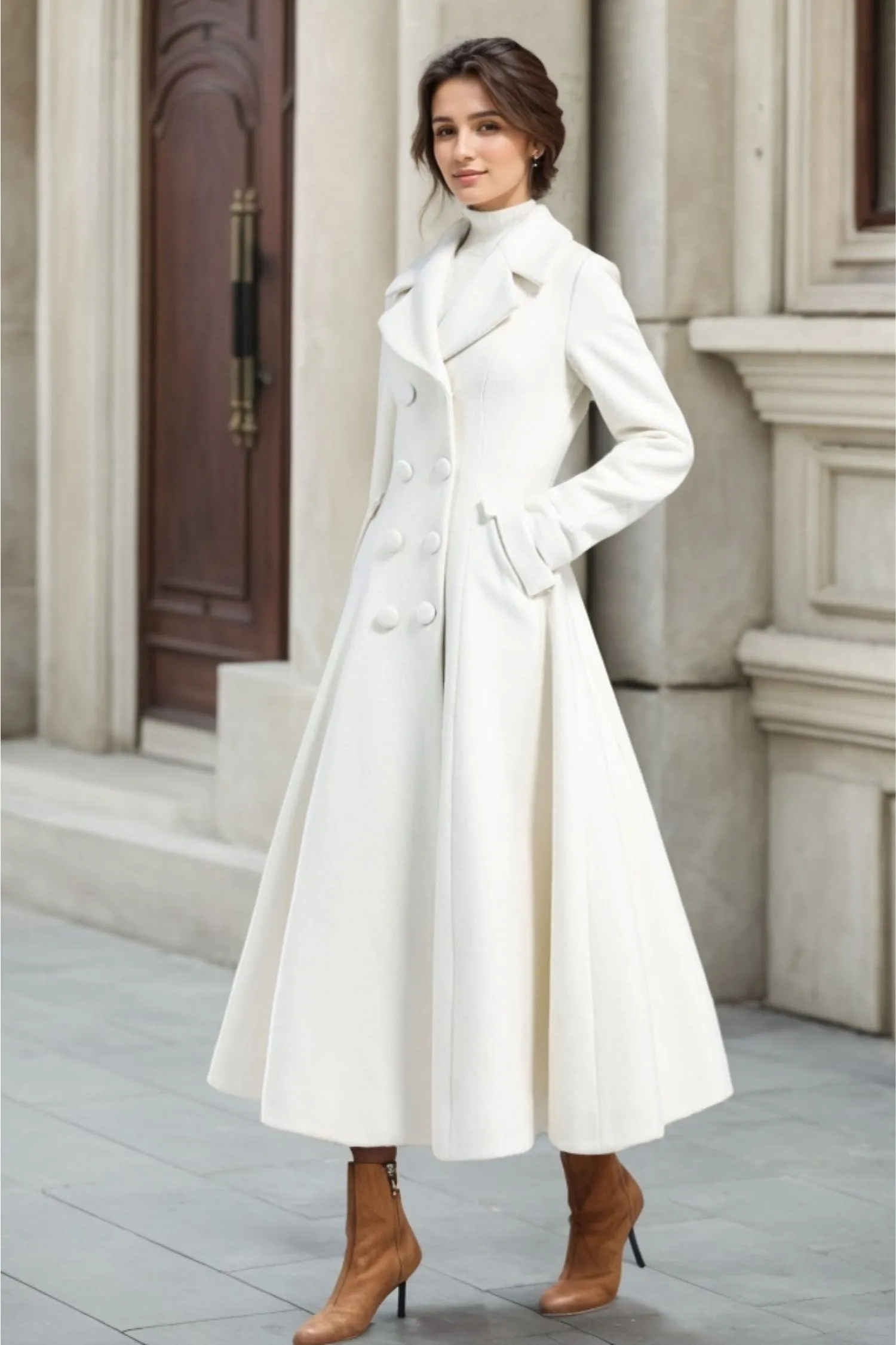 Women's White Double-Breasted Long Wool princess Coat – Elegant Winter Outerwear 3235