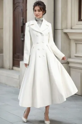 Women's White Double-Breasted Long Wool princess Coat – Elegant Winter Outerwear 3235