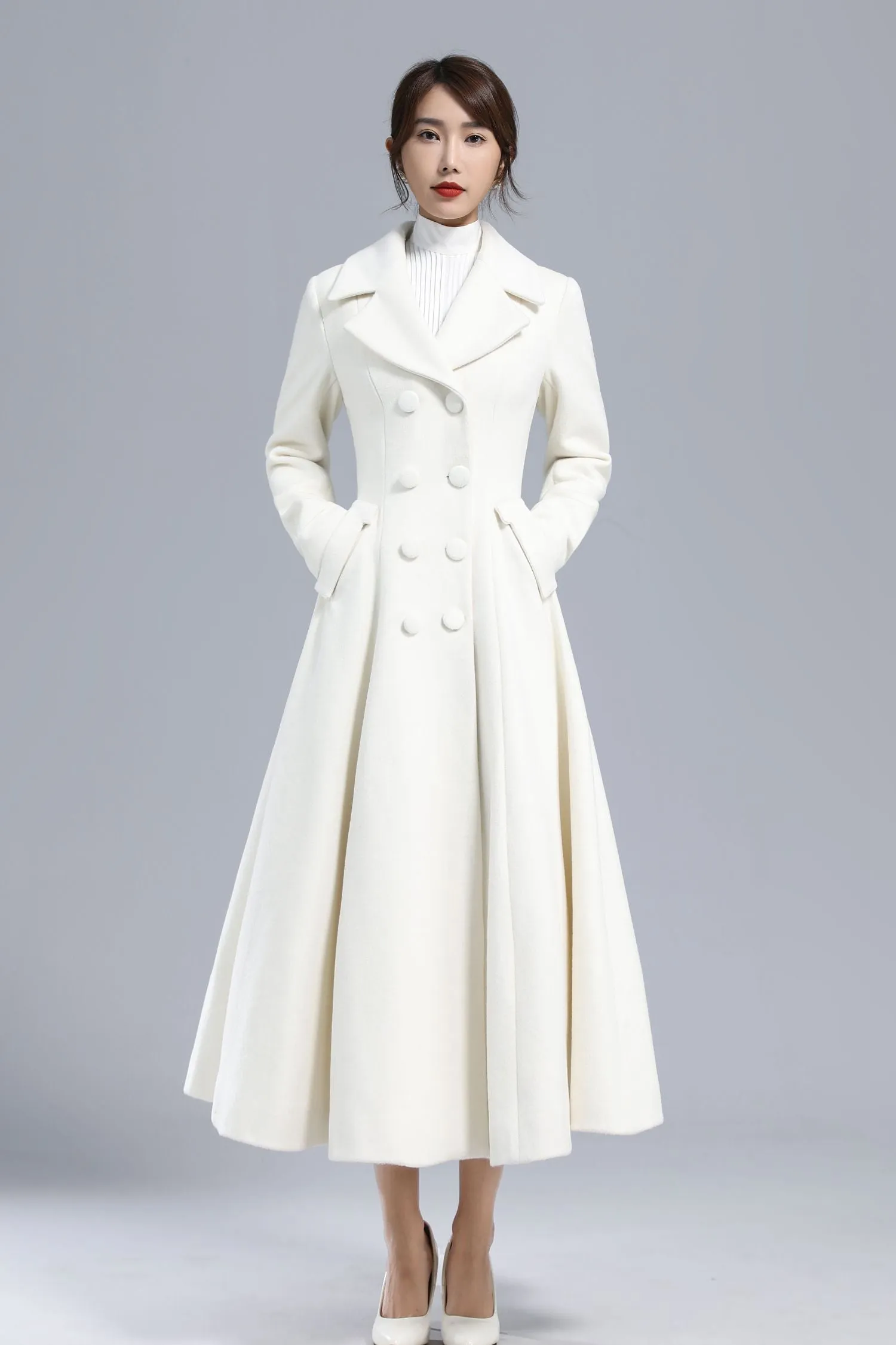 Women's White Double-Breasted Long Wool princess Coat – Elegant Winter Outerwear 3235